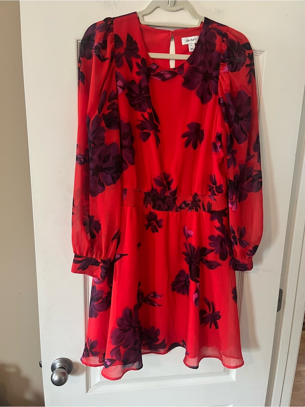 On 34th Red Floral Sheer Long-Sleeve Mini Dress Women’s Size Large